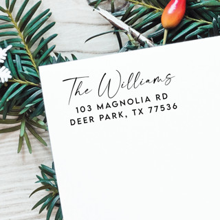 This is a black address labels by Samantha Malvey called family name address stamp classic | self inking return address stamp in standard