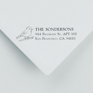 This is a black address labels by Sara Luke called songbird return address stamp | self-inking stamp in standard