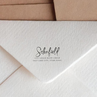 This is a black address labels by Sara Luke called elegant script custom address stamp | self inking in standard