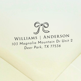 This is a black address labels by Samantha Malvey called ribbon bow address stamp | self inking return address stamp in standard