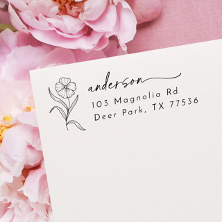 This is a black address labels by Samantha Malvey called floral address stamp | self inking return address stamp in standard