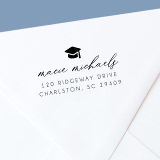 This is a black address labels by The Homebody Society called simple and classic personalized self-inkning return address stamp for graduation annoucements in standard