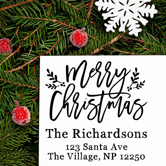 Custom Merry Christmas Address Stamp | Self-Inking | Black Ink
