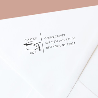 This is a black address labels by The Homebody Society called custom self-inking return address stamp | class of graduation year and hat in standard