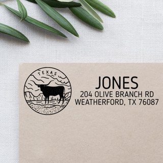 This is a black address labels by Casey Harp called custom texas address stamp | self-inking | black ink in standard