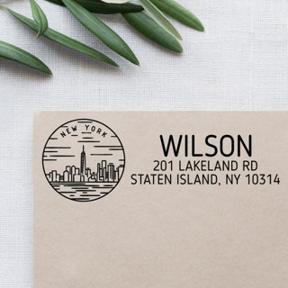 This is a black address labels by Casey Harp called custom new york address stamp | self-inking | black ink in standard