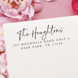 This is a black address labels by Samantha Malvey called calligraphy address stamp | self inking return address stamp in standard