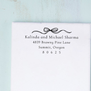 This is a black address labels by Sara Luke called bow return address stamp - romantic bow minimalistic design in standard
