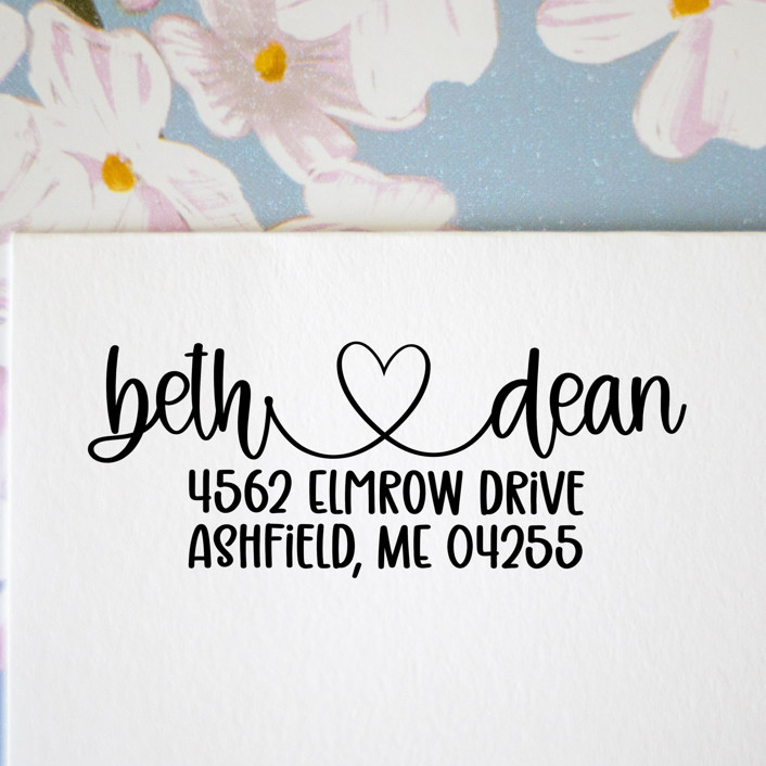 Custom Address Stamp with first names linked with a heart | Self Inking