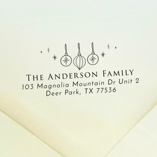 This is a black address labels by Samantha Malvey called christmas ornaments address stamp | self inking return address stamp in standard