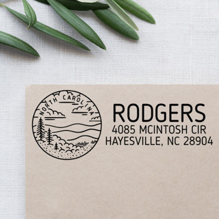 This is a black address labels by Casey Harp called custom north carolina address stamp | self-inking | black ink in standard