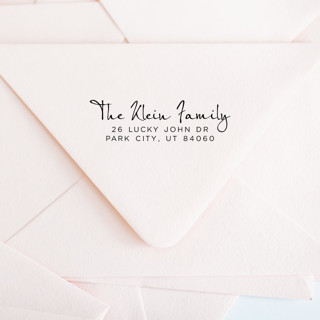 This is a black address labels by Casey Harp called custom script address stamp | self-inking | black ink in standard