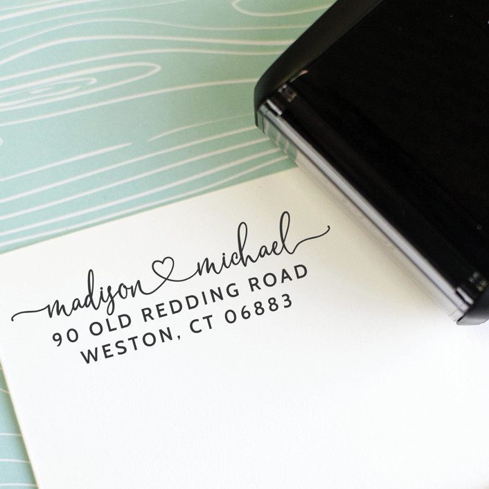 Custom Address Stamp with first names linked with a heart | Self Inking