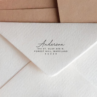 This is a black address labels by Sara Luke called personalized address self-inking stamp with elegant calligraphy in standard