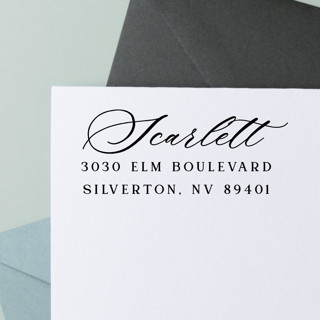 This is a black address labels by Sara Luke called personalized address self-inking stamp with elegant calligraphy in standard