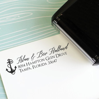 This is a black address labels by Sara Luke called nautical custom address stamp with anchor detail| self inking in standard