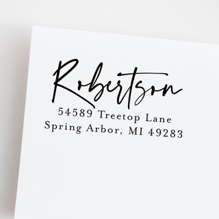 This is a black address labels by Sara Luke called personalized self-inking stamp with handwriting script in standard