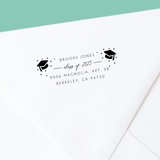 This is a black address labels by The Homebody Society called custom graduation announcment self-inking return address stamp | confetti stamp in standard