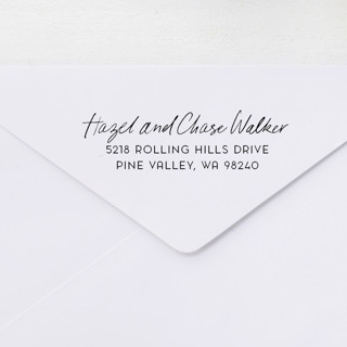This is a black address labels by Sara Luke called custom self-inking return address stamp with handwritten script in standard