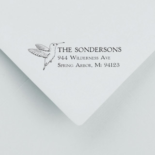 This is a black address labels by Sara Luke called custom hummingbird address stamp | self-inking stamp in standard