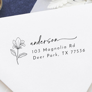 This is a black address label by Samantha Malvey called Floral Address Stamp | Self Inking Return Address Stamp in standard.