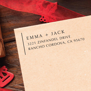 This is a black address labels by Samantha Malvey called modern holiday address stamp | self inking return address stamp in standard