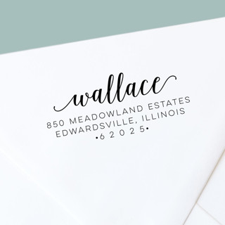 This is a black address labels by The Homebody Society called custom calligraphy  style self-inking return address stamp in standard
