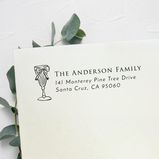 This is a black address labels by Samantha Malvey called bow cocktail address stamp | self inking return address stamp in standard