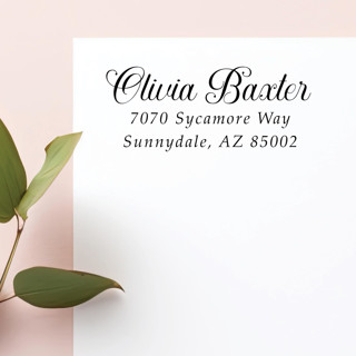 This is a black address labels by Sara Luke called custom self-inking  address stamp with elegant script in standard