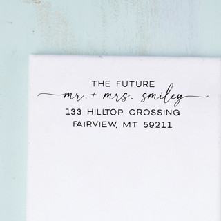 This is a black address labels by Sara Luke called future mr. and mrs. return address stamp for wedding invitationsmodern serif self-inking stamp | clean and refinedpersonalized self-inking stamp in standard
