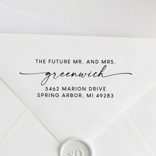 This is a black address labels by Sara Luke called future mr. & mrs. self inking stamp | custom address stamp in standard
