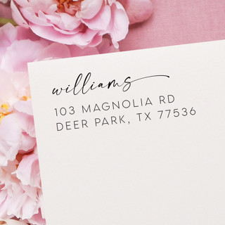 This is a black address labels by Samantha Malvey called custom family address stamp | self inking return address stamp in standard