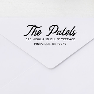 This is a black address labels by Sara Luke called classic script return address stamp | self-inking in standard