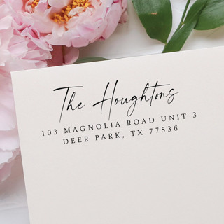 This is a black address labels by Samantha Malvey called calligraphy address stamp | self inking return address stamp in standard