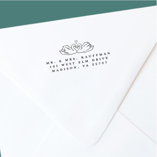 This is a black address labels by The Homebody Society called custom return address stamp | swans with heart | romantic garden wedding | self-inking in standard