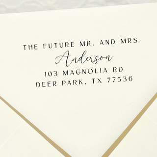 This is a black address labels by Samantha Malvey called save the date address stamp | self inking return address stamp in standard