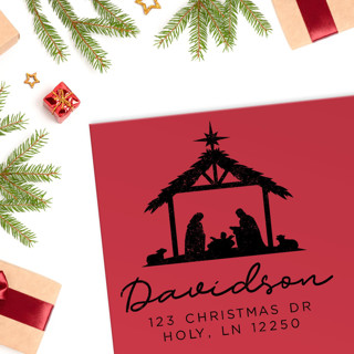 This is a black address labels by Casey Harp called custom christmas nativity address stamp | self-inking | black ink in standard
