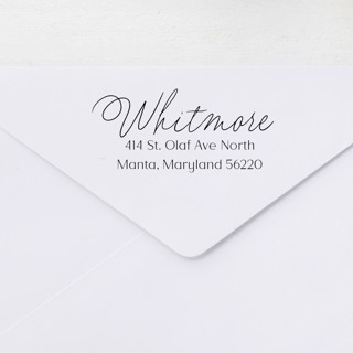 This is a black address labels by Sara Luke called calligraphy address stamp for wedding invitations | self-inking stamp in standard