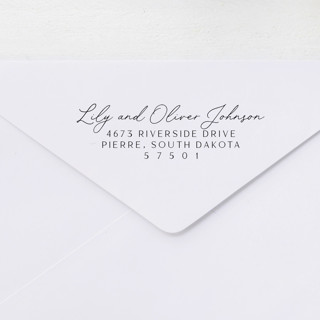This is a black address labels by Sara Luke called personalized address self-inking stamp with elegant calligraphy in standard