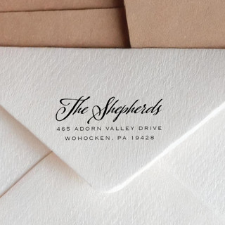 This is a black address labels by Sara Luke called vintage calligraphy return address stamp | self-inking in standard