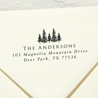 This is a black address labels by Samantha Malvey called evergreen trees address stamp | self inking return address stamp in standard