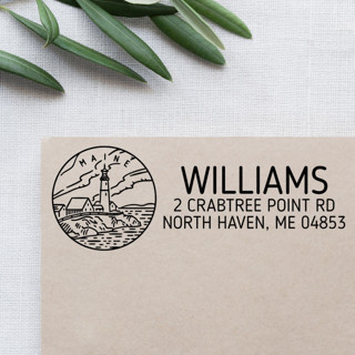 This is a black address labels by Casey Harp called custom maine address stamp | self-inking | black ink in standard