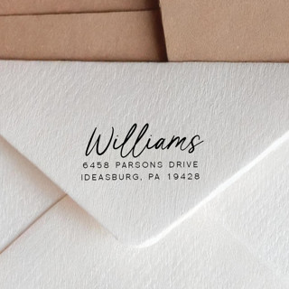 This is a black address labels by Sara Luke called simple script return address stamp | self-inking in standard