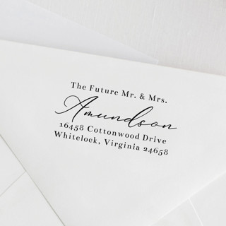 This is a black address labels by Sara Luke called custom address stamp | future mr. and mrs. | self inking stamp in standard