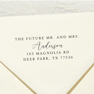 This is a black address labels by Samantha Malvey called future mr. mrs. stamp | self inking return address stamp in standard