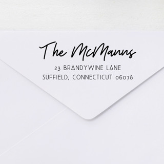 This is a black address labels by Sara Luke called personalized address self-inking stamp with elegant calligraphy in standard
