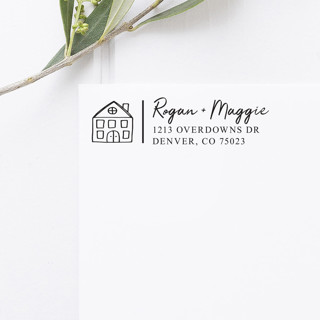 This is a black address labels by Port of Reverie called little house return address stamp, rectangle self inking in standard