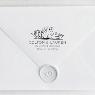 This is a black address labels by Sara Luke called swan return address stamp - romantic wedding invitation address stamp in standard