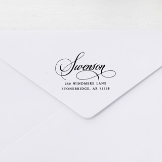 This is a black address labels by Sara Luke called formal script custom address stamp | self inking in standard