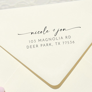 This is a black address labels by Samantha Malvey called custom couple address stamp | self inking return address stamp in standard